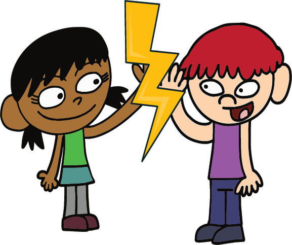 2 cartoon people holding a lightning bold